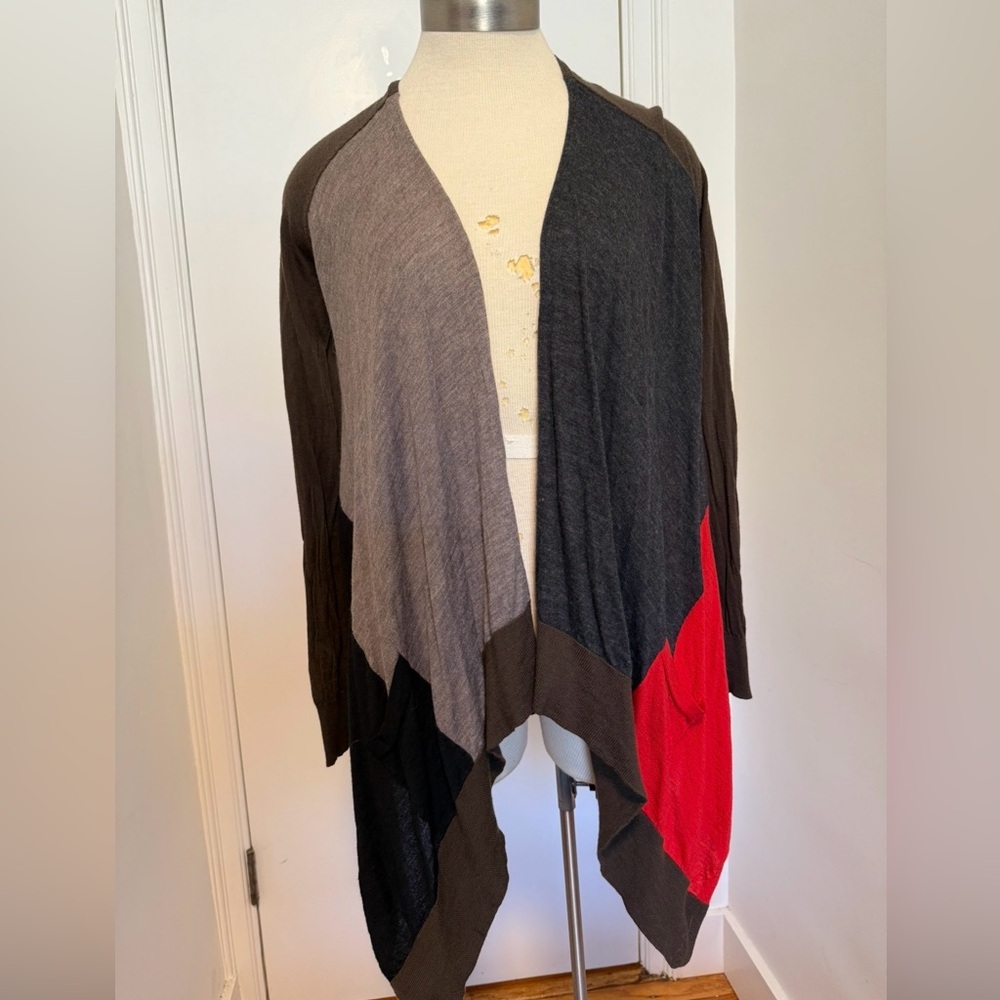 Worth Colorblock Open-Front Cardigan 100% Wool Sweater- Brown, Red, Gray  S